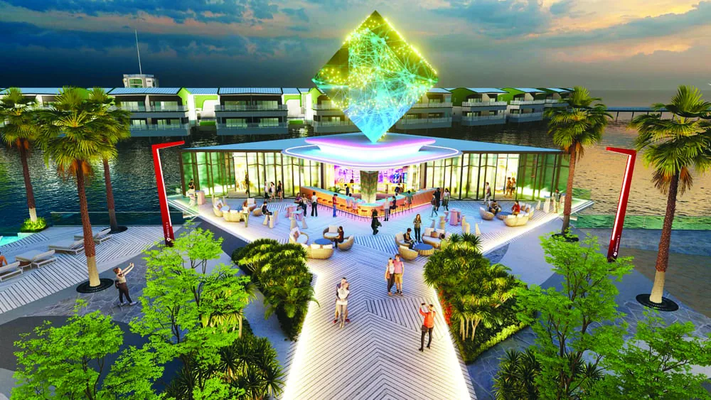 Floating beach bar at night — artist's impression