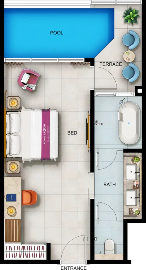 Royal Lexis Type A 573 sq ft suite layout with private pool, terrace, bedroom and bathroom