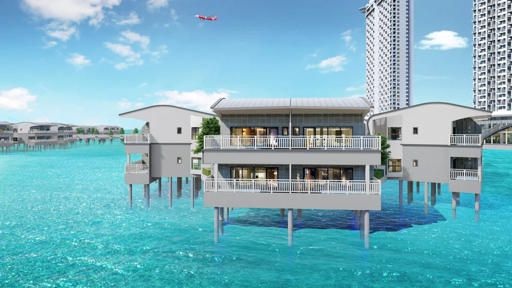 Overwater villas of Lexis Hibiscus 2 on stilts above the Straits of Malacca — artist's impression
